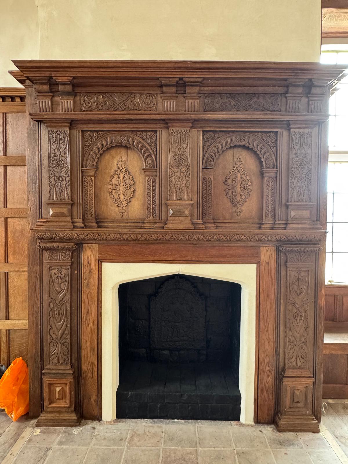 Bramshill House carved oak fireplace mantel